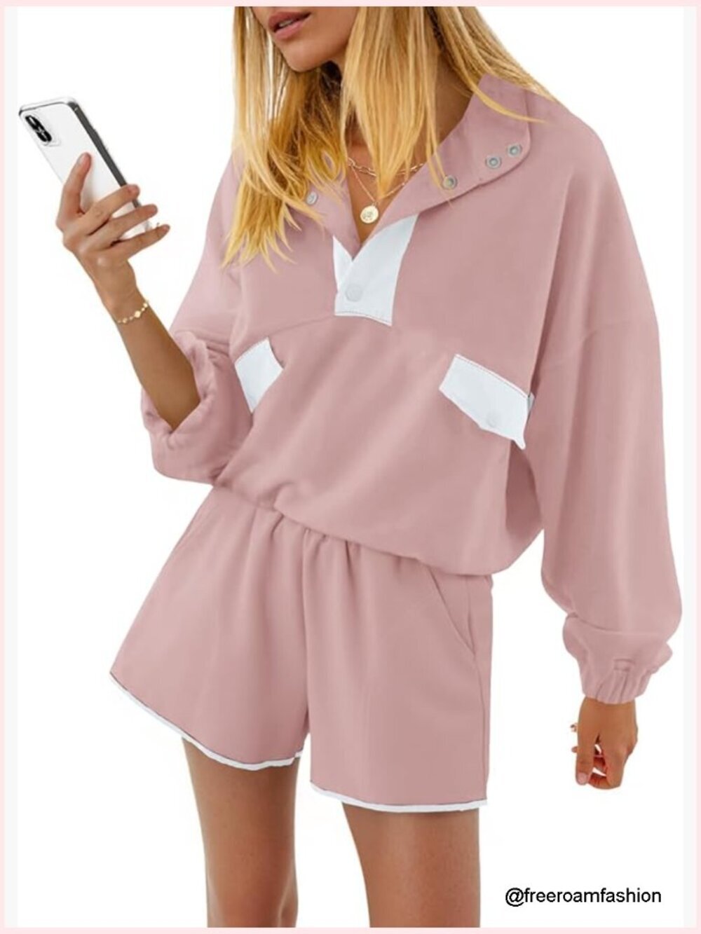 Half Button Color Block 2 Piece Shorts Tracksuit Set